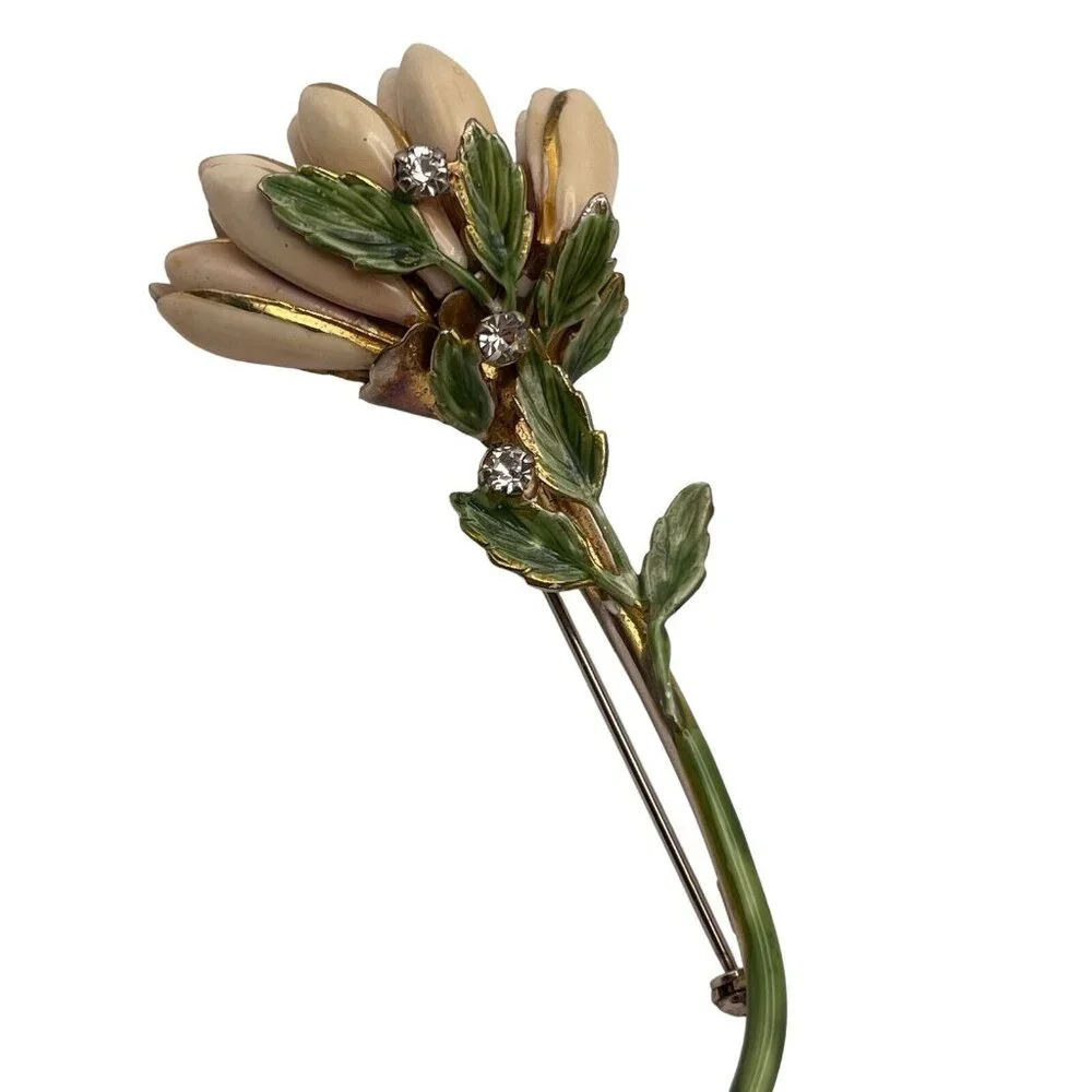 VINTAGE 1940S CREAM ENAMEL SANDOR CHRYSANTHEMUM FLOWER RHINESTONE BROOCH PIN‎